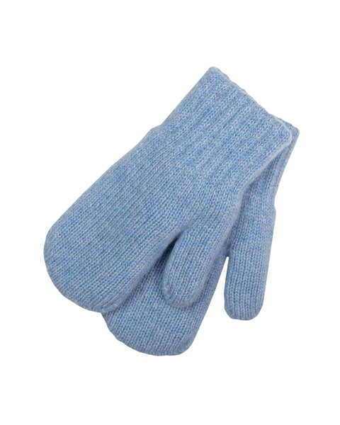 A pair of light blue knitted mittens are angled slightly, one overlapping the other, against a white background.