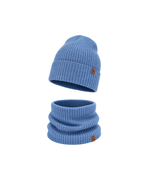 Product set image displaying a light cornflower blue ribbed knit beanie paired with a matching neck warmer or snood on a white background.