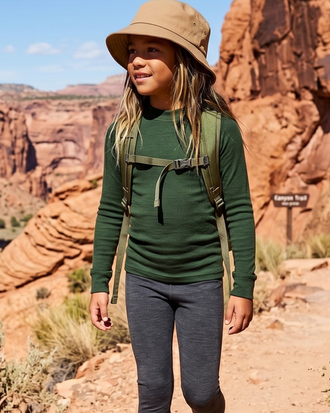 A child wearing a tan bucket hat, a dark green long-sleeve shirt, dark gray leggings, and a green backpack stands on a dirt trail. They are looking off to the side, with a rocky, arid canyon landscape visible behind them.