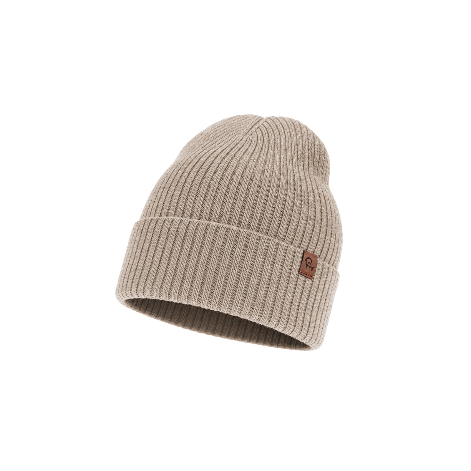 A light blue ribbed knit beanie featuring a folded brim with a small brown square logo tag on the side, displayed against a plain white background.