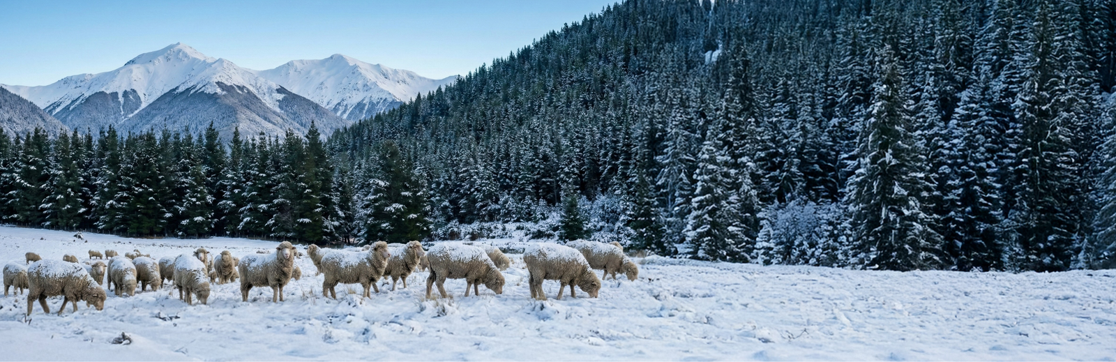 A flock of sheep standing on a snow-covered field with evergreen trees and snowcapped mountains in the background under a clear blue sky.