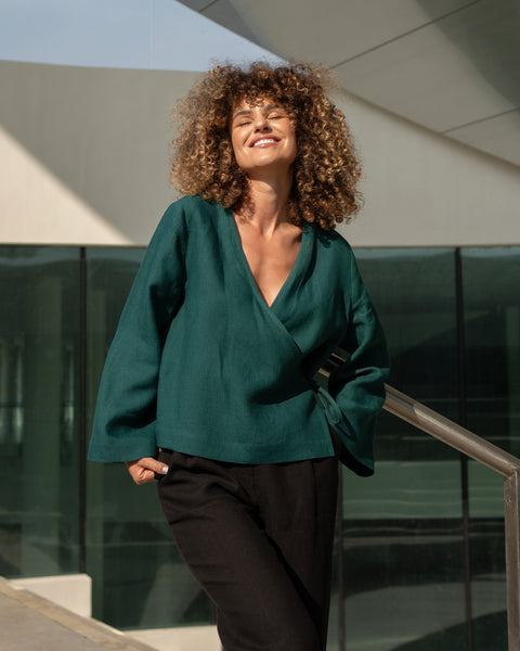 Linen Wrap Top Thea in Dark Green