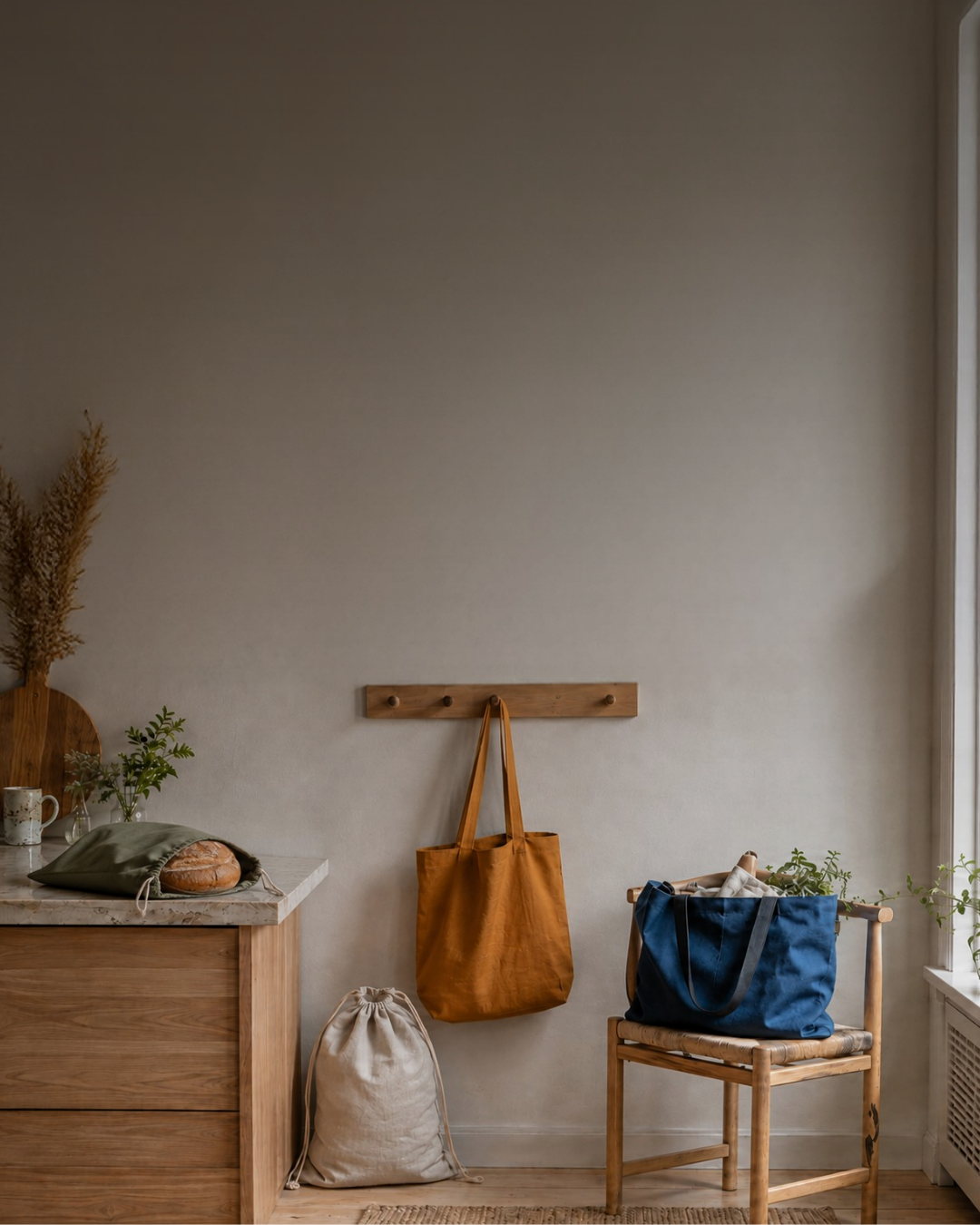 A serene, minimalist interior featuring a collection of reusable fabric bags. A mustard yellow tote bag hangs from a wooden peg rail on a neutral wall. Below it, a beige drawstring bag sits on the wooden floor. To the right, a large blue canvas tote rests on a rustic wooden chair. On the left, a wooden cabinet with a stone countertop holds a dark green fabric bag containing a round loaf of bread, alongside a wooden cutting board and a small vase of greenery.