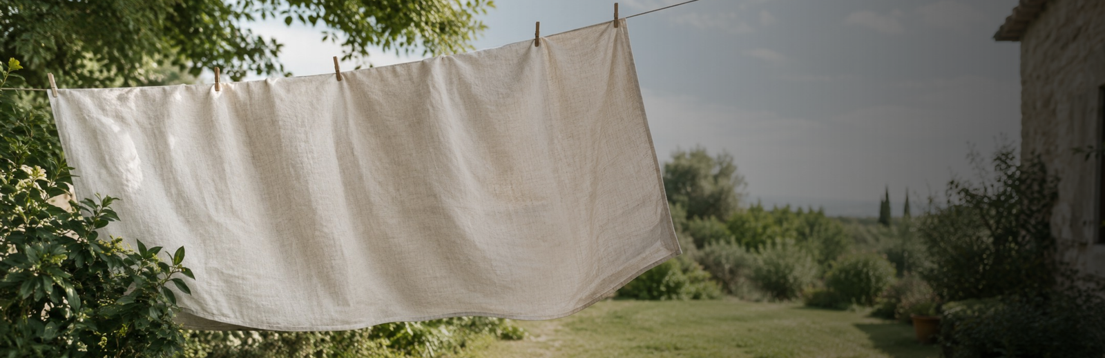 A large, light-colored natural linen cloth hanging on an outdoor clothesline, secured with wooden clothespins and blowing gently in the breeze. The background features a lush green yard with trees and a stone building visible on the right side.