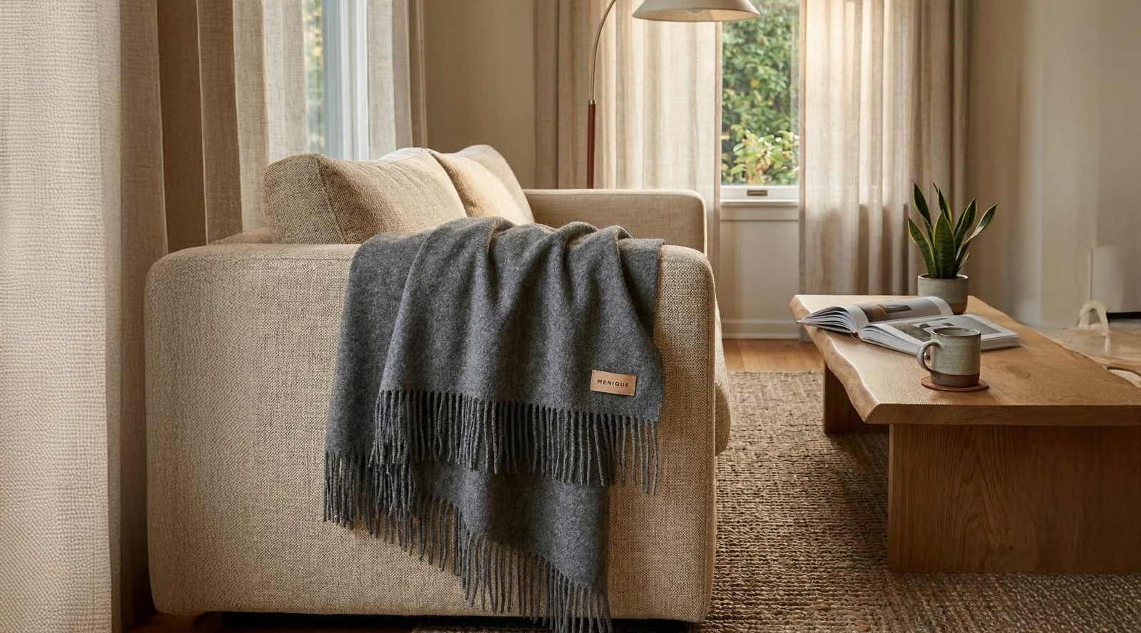 Soft gray wool blanket draped over beige sofa in cozy modern living room interior