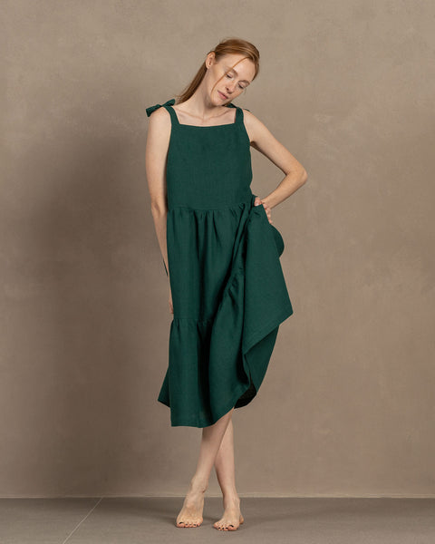 Linen Adjustable Strap Pinafore Dress Uma dark green
