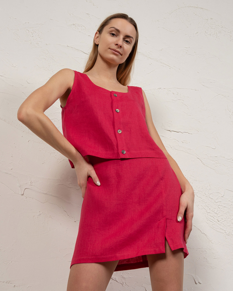 Linen Button Down Top &amp; Mini Skirt 2-Piece in hot pink