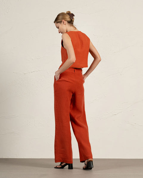 Linen vest Ava in cinnamon red color paired with Linen pleated pants Lotus in cinnamon red color