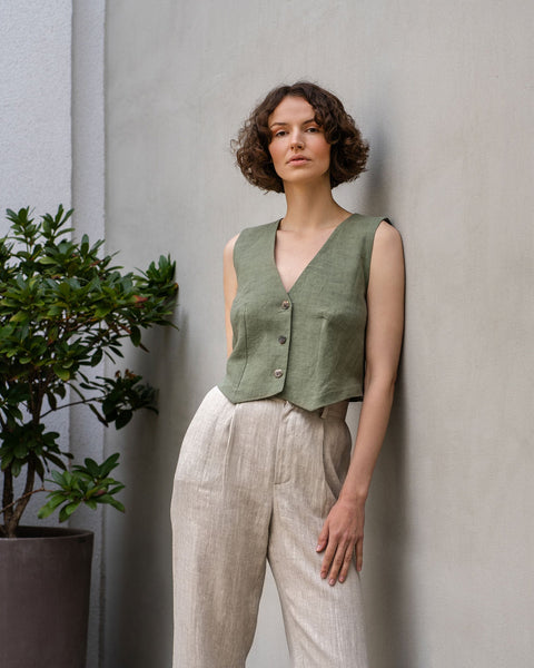 Linen Vest Ava in stone green color