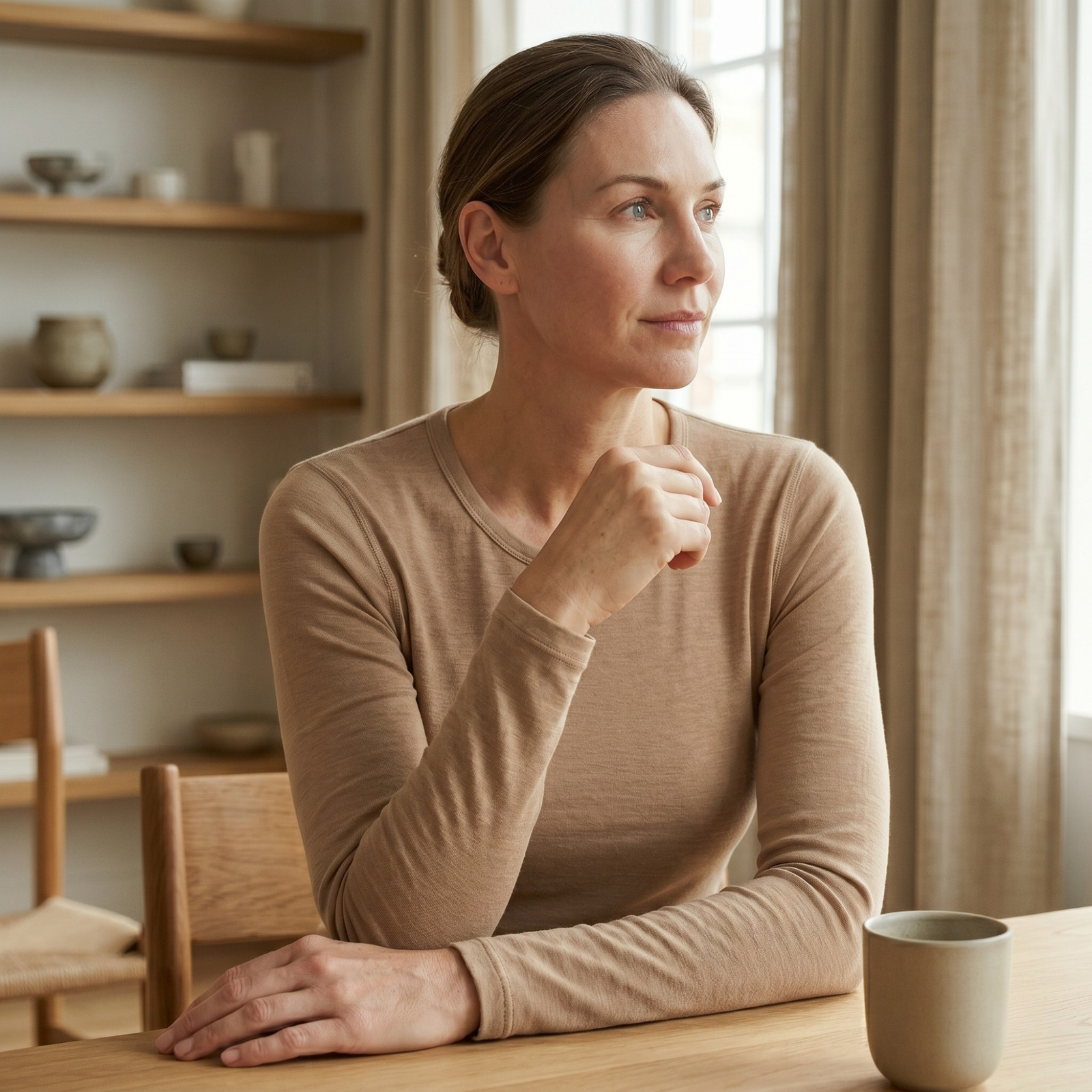 Persoon in een beige outfit zittend met gekruiste benen op een witte achtergrond