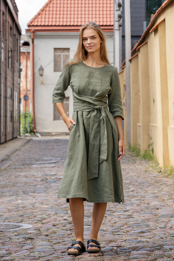 The menique women's linen wrap dress MILEY in stone green color.