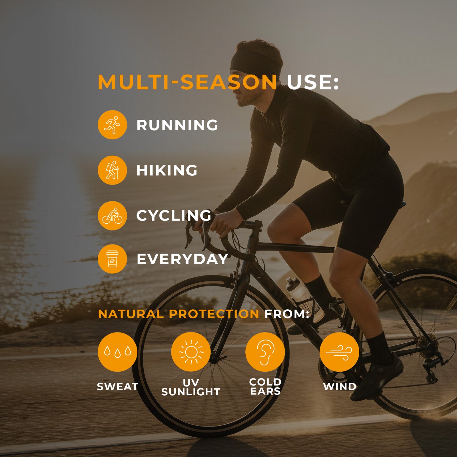 A man and a woman are closely positioned outdoors, both wearing spicy yellow menique merino wool headbands and black long-sleeved shirts. The man, on the left, has short brown hair and a beard and is looking upwards and to his left. The woman, on the right, has light brown hair and is looking upwards with a smile, her hand gently touching the man's face. The background is softly blurred with green and brown tones, suggesting a natural, possibly wooded, environment.