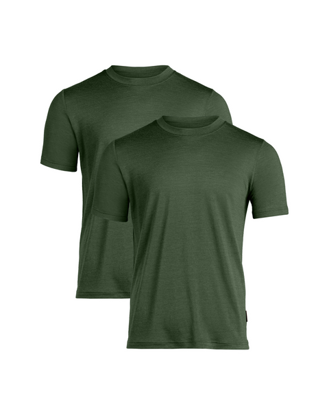 Two men’s short sleeve dark green Merino wool t-shirts, breathable and odor-resistant, designed for comfort and versatility.
