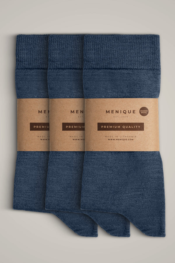 Heren 3-pack dunne sokken van merinowol in blauw – ademend, vocht afvoerend en duurzaam voor dagelijks comfort.