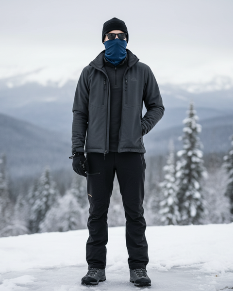 Man wearing a blue Merino wool long neck gaiter in snowy mountains, styled with black winter jacket, pants, gloves, and beanie for cold-weather outdoor adventure.