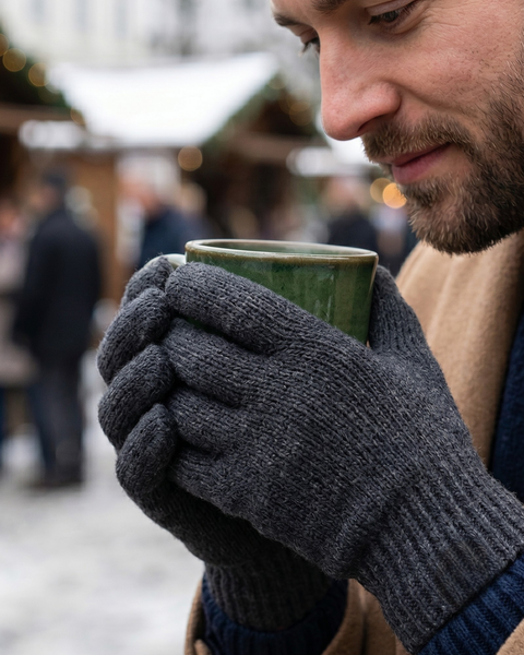 A close-up of a man at an outdoor winter market, holding a green ceramic mug with both hands. He is wearing thick, dark gray knitted wool gloves, a camel-colored coat, and a dark blue sweater. The background features blurred, snow-covered market stalls.