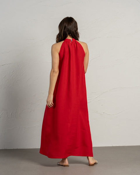 Linen Maxi Dress Rachel in Pure Red color