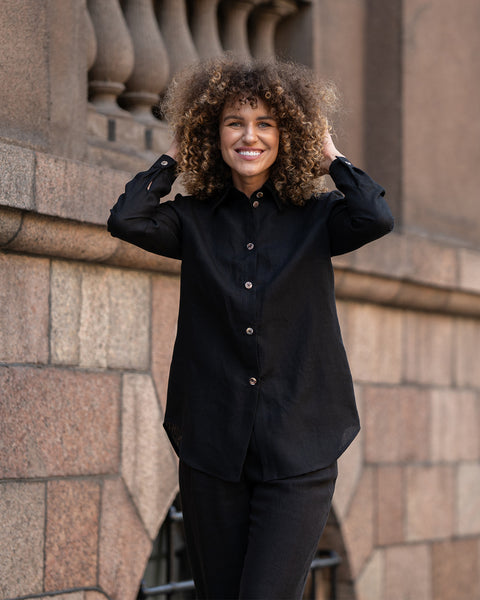 Linen Shirt &amp; Wide Pants 2-Piece in pure black