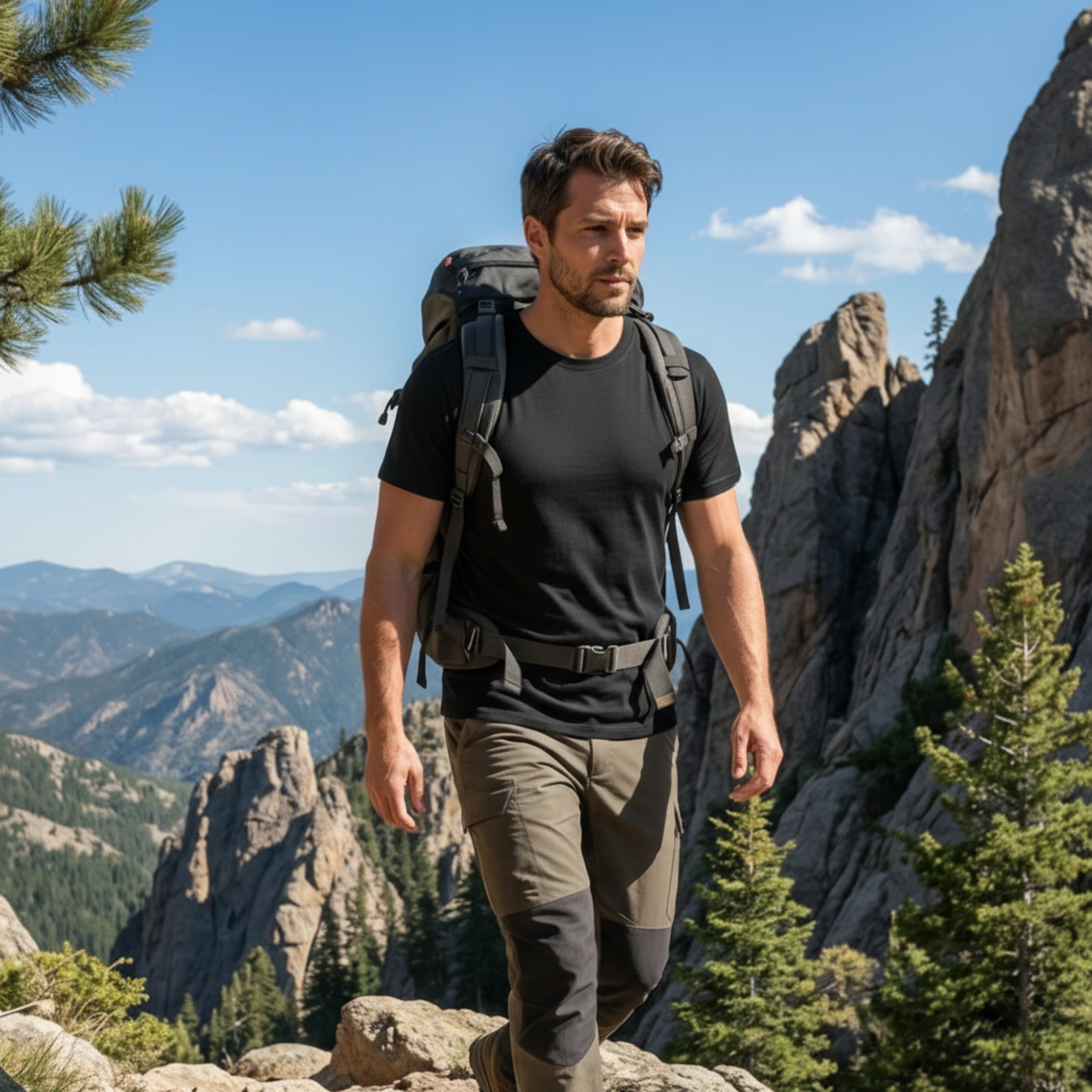 Man wearing regular fit t-shirt from 100% Merino wool in black color
