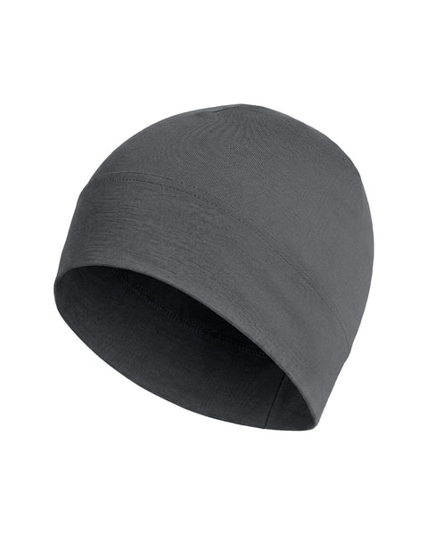 A solid gray, form-fitting beanie hat is displayed at a slight angle against a plain white background.