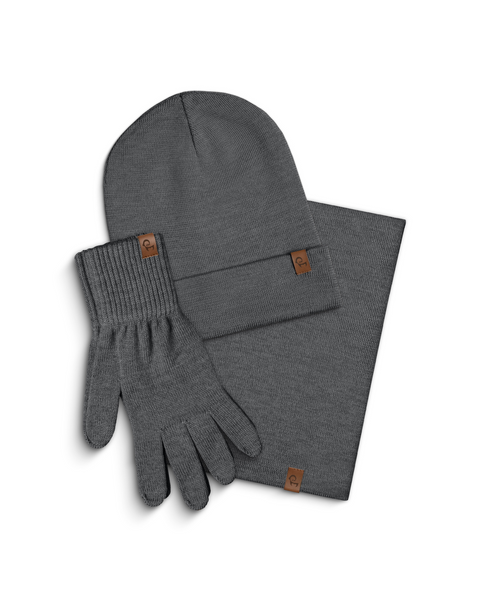 Gray knit beanie, gloves, and scarf set on a white background