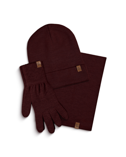 Women's Knitted Beanie, Gaiter &amp; Gloves 3-Piece Set Royal Cherry