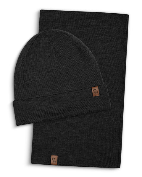 Dark Gray menique merino wool knit beanie and gaiter set on a white background