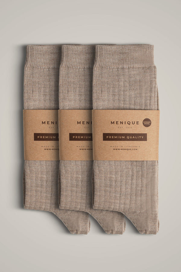 Dames 85% Merinowol Dunne Geribbelde Sokken 3-Pack in Beige – lichtgewicht, ademend, sokken van eersteklas kwaliteit voor dagelijks gebruik.