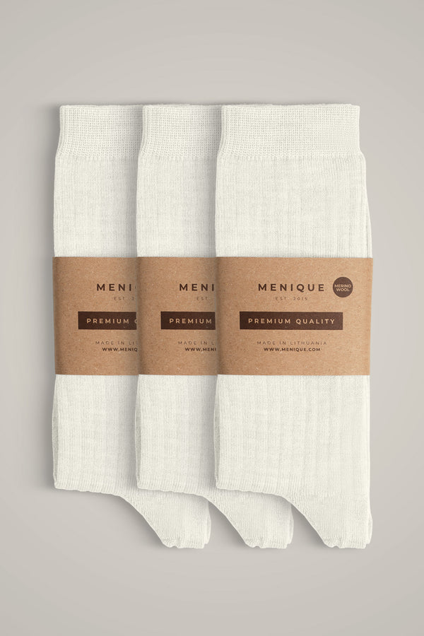 Dames 85% Merinowol Dunne Ribkousen 3-Pack in Natuurlijk Wit – duurzame, dunne en stijlvolle alledaagse wollen sokken.