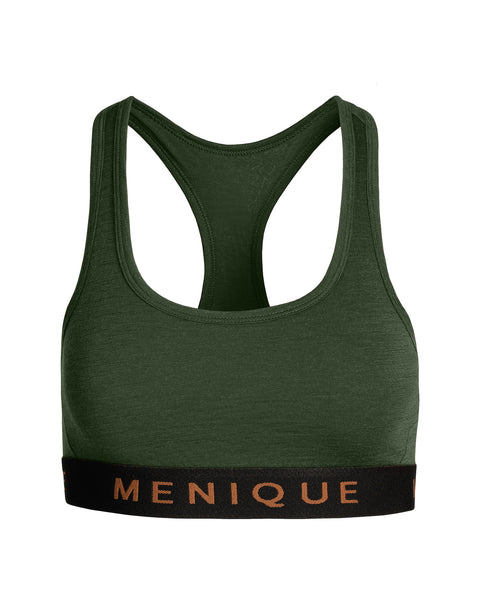 The menique women's sport bra in dark green color, front view, in a white background.