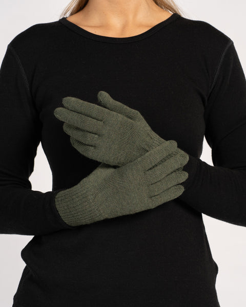 Women’s dark green merino wool gloves, knitted warm winter accessory