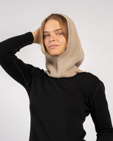 Woman modeling creamy beige ribbed knit hood balaclava – merino cashmere blend