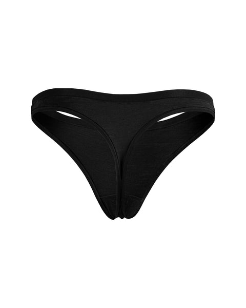 The Menique Women's Merino Thong Briefs in black color, back view.