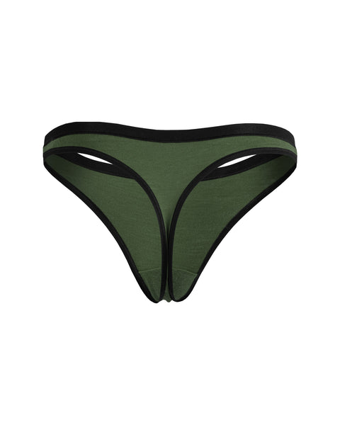 The Menique Women's Merino Thong Briefs in dark green color, back view.