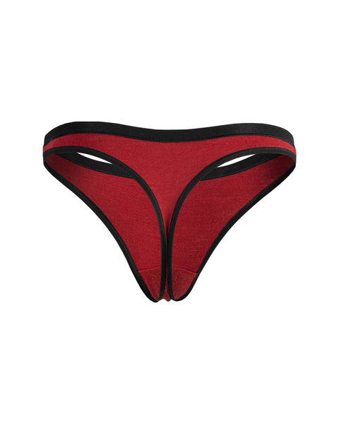 The Menique Women's Merino Thong Briefs in royal cherry color, back view.