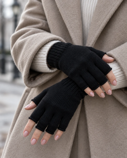 A close-up of a person's hands wearing black knit fingerless gloves, crossed in front of a beige winter coat and a white ribbed sweater outdoors.