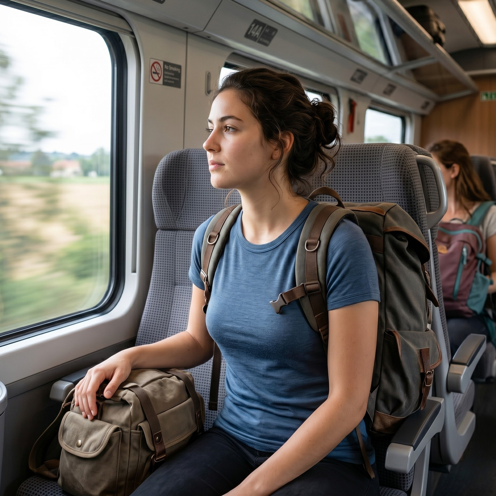 Zijaanzicht van model dat een denim Merino T-shirt draagt – zacht, lichtgewicht wollen shirt