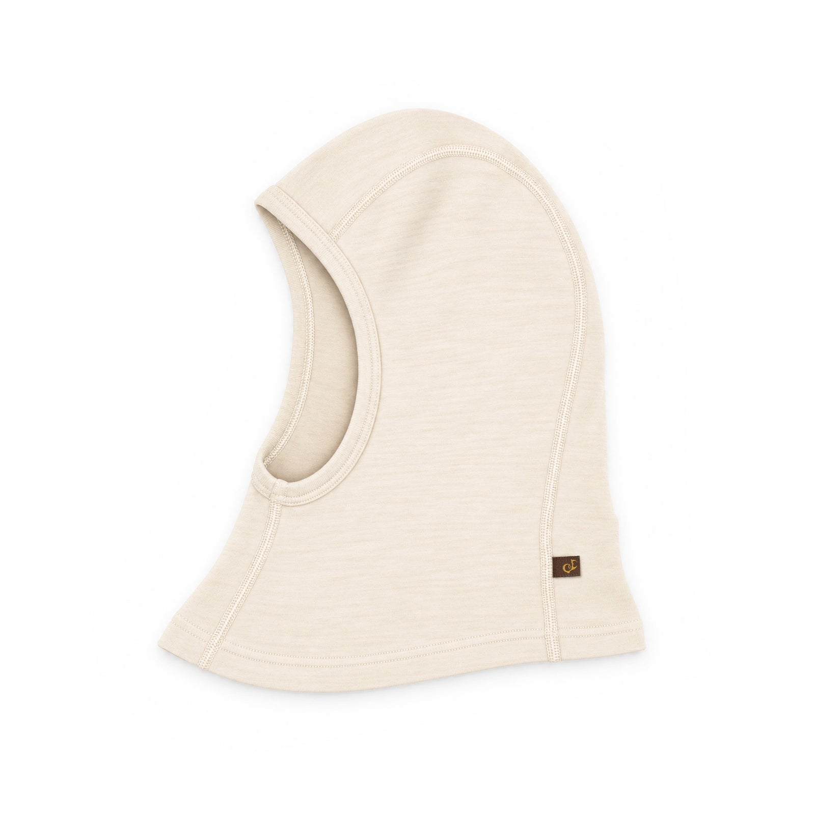 A black fleece balaclava hood with a small brown embroidered logo on the lower right side, shown against a plain white background.