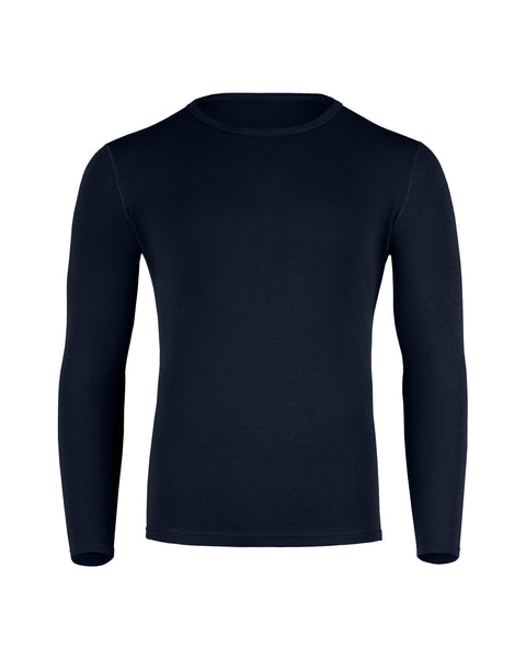 Product flat lay of a dark navy blue long-sleeve crewneck thermal base layer top against a white backdrop.