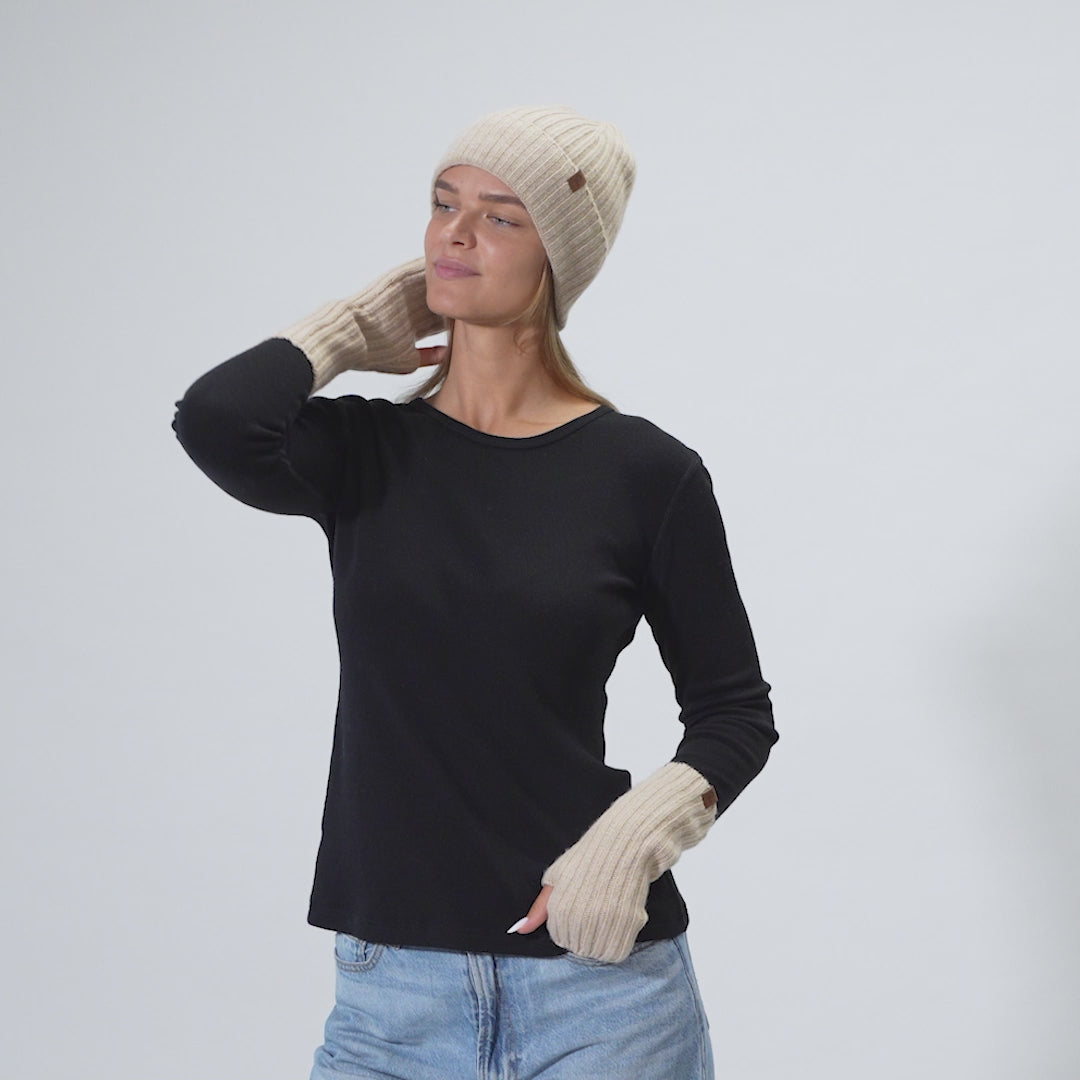 Women's Ribbed Beanie & Wrist Gloves Cashmere Set