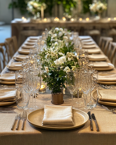 The menique wedding linen napkin set of 10 napkins decorating a big wedding celebration table in natural linen color.