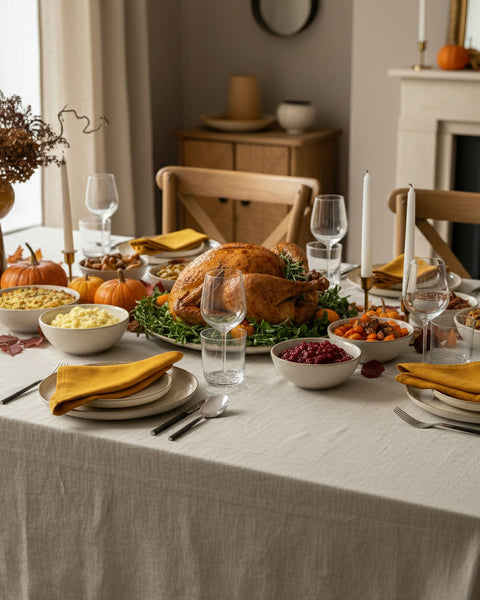Elegant Thanksgiving dinner table with natural linen tablecloth, mustard yellow linen napkins, roasted turkey centerpiece, and festive autumn table decor.