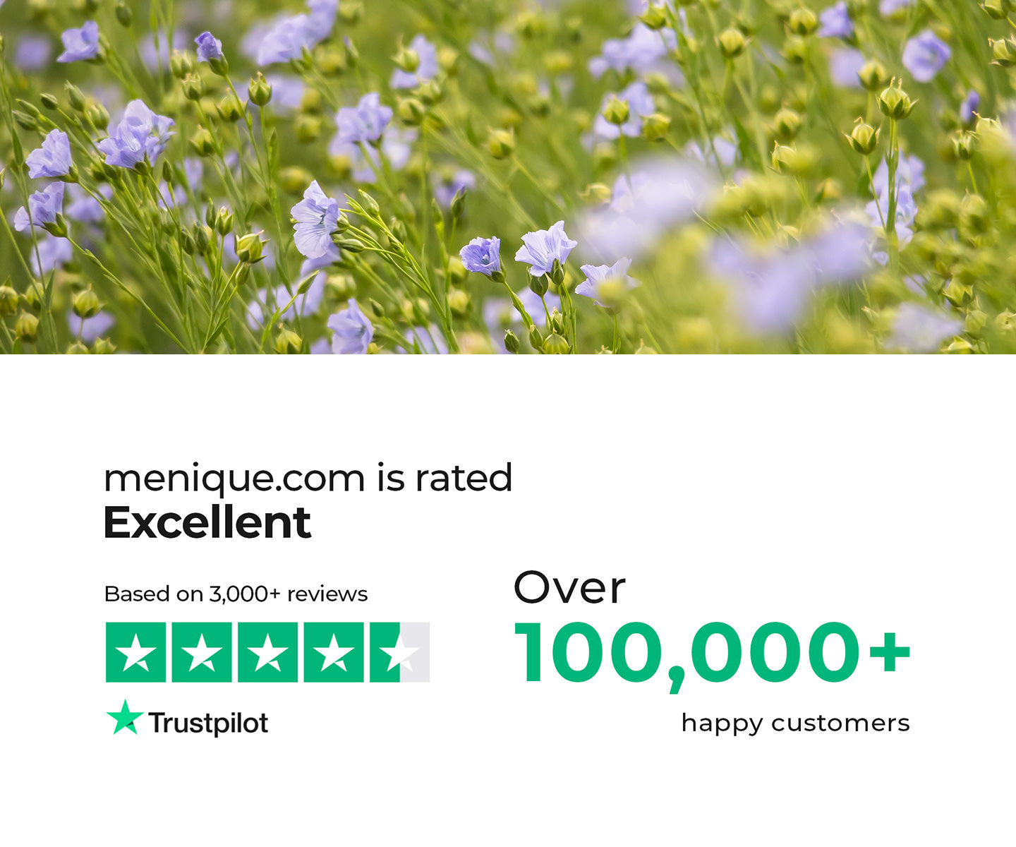 A wide banner featuring customer trust information for menique.com, showing a Trustpilot rating marked as “Excellent” with five green stars based on over 3,000 reviews, alongside text stating “Over 100,000+ happy customers.” The right side of the image displays a close-up of blooming flax flowers with delicate light blue petals and green stems, symbolizing natural materials and sustainability.