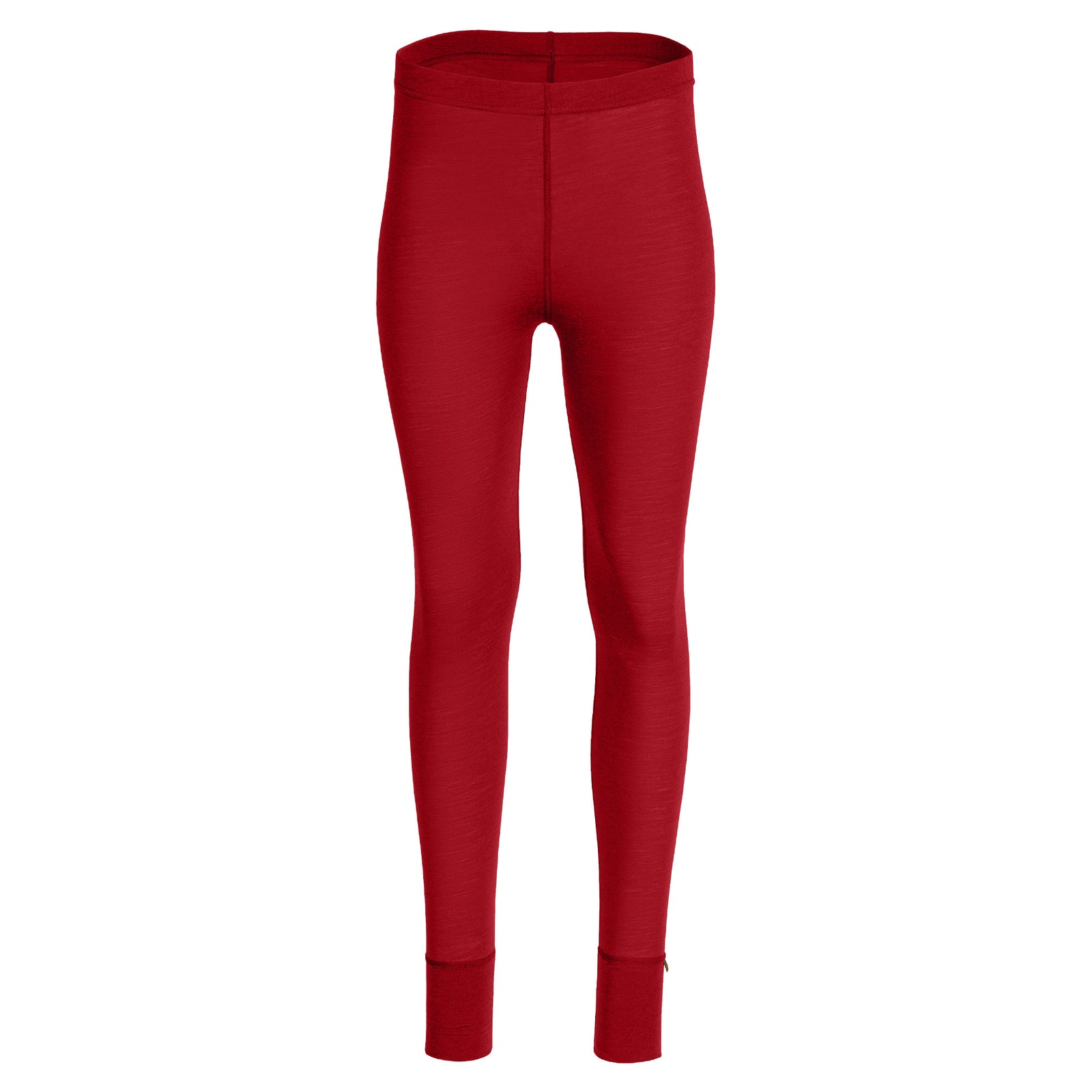 Side detail of royal cherry Merino wool thermal leggings, high-waist fit.