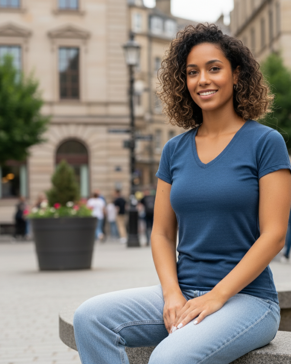Vrouw draagt een marineblauw T-shirt met V-hals van merinowol, zittend buiten in een stedelijke omgeving.
