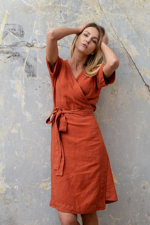 Linen Wrap Dress Eliana Cinnamon Red