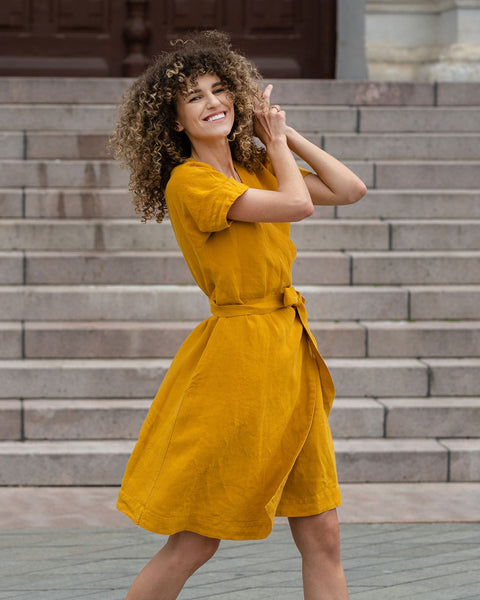 Linen Wrap Dress Eliana Spicy Yellow