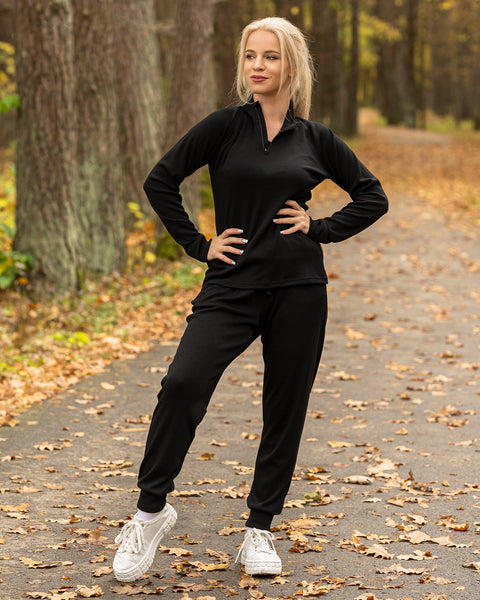 Women's Merino 250 Set of Zip Neck Top &amp; Jogger Sweatpants Black