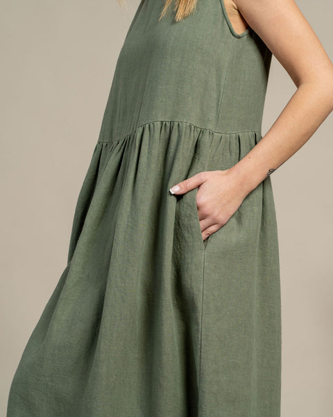 Linen Sleeveless Smock Dress Maya Stone Green