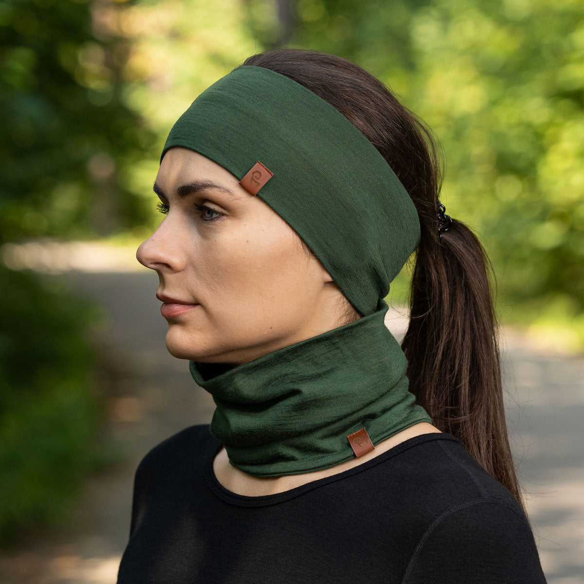 Dames hoofdband- en nekwarmer set Donkergroen